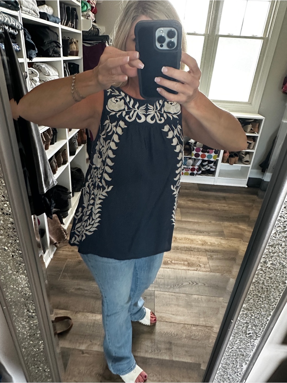 Lucky Brand Navy Tank with Cream Floral Embroidery
